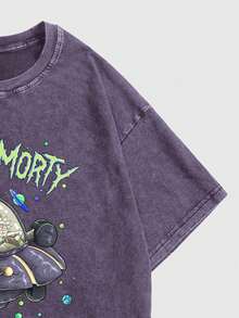 ROMWE MEN Rick and Morty | ROMWE Camiseta holgada de verano para hombres con gráfico de letra de dibujos animados y lavado - Morado - Ver 4