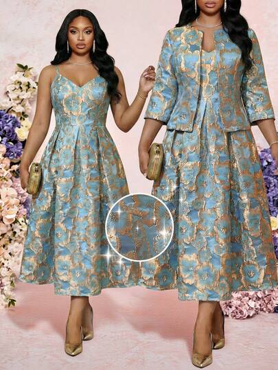 Fleurora Spring And Summer Elegant Modest Party Wedding Cocktail Party Concert/Music Festival Woven Jacquard Flared Cami Dress Three Quarter Length Sleeve Plus Size Co-Ords Plus Size Vintage Color Block Elegant Pleated Dress & Cover Up 2 Pieces Set Women Suit Sets Dress Suits For Woman Designer Dresses For Women Church Dress For Women Party Outfit Weddings & Events Graduation Outfit For Mother Going Out Outfits Birthday Outfits For Women Elegant Women's Set Luxury Women's Two-Piece Set Formal Dress For Women Plus Size Co-Ords, Summer Outfits Brocade Dress Women 2 Piece Dress Set 2 Pieces Set For Women Elegant