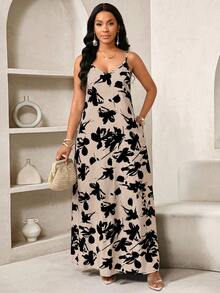 SHEIN Lady 女士印花口袋休闲吊带裙，适合度假 - 杏色 - 查看 7