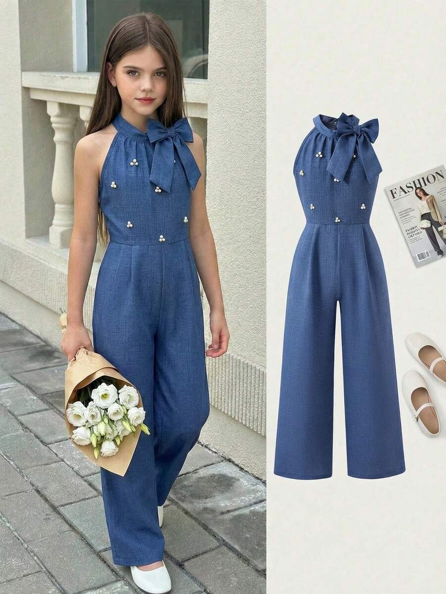 SHEIN 春夏灰蓝色蝴蝶结装饰无袖连体裤，宽松阔腿裤，简约风格，适合年轻女孩日常穿着、短途通勤、与朋友休闲聚会。 - 藍色 - 查看 1