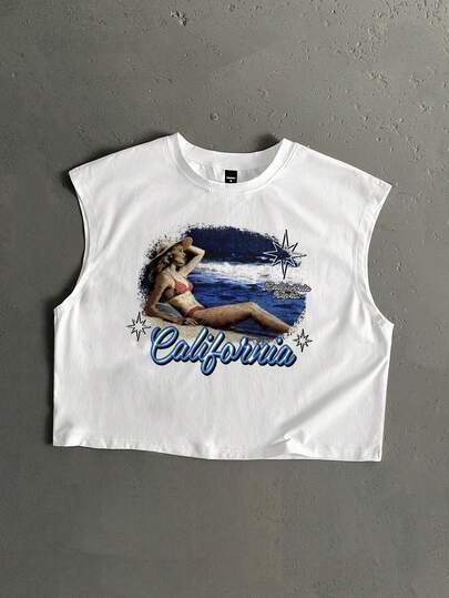 StoneGrade Top corto y holgado con estampado de chica de playa americana retro de vacaciones en la isla, para uso casual en citas y fiestas, adecuado como regalo para el novio