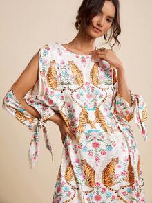 LOTSLUV Women's White Floral Tiger & Tropical Print Round Neck Short Sleeve Drawstring Loose Dress,Boho Autumn Tea Party Holiday Resort Leopard Scarf Dress - White - View 6