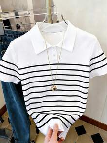 Resyla Áo thun nữ tay ngắn cổ tròn kẻ sọc kiểu dáng thường ngày, áo polo mùa hè. - Nhiều màu - Xem 5