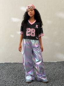 Coolane Kids 少女春夏V领网眼字母数字印花宽松短款T恤 - 黑色 - 查看 4