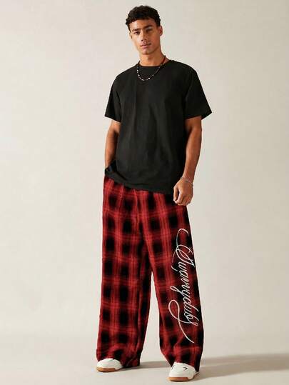 SWAVVY 男士标准尺码格子布字母刺绣阔腿裤