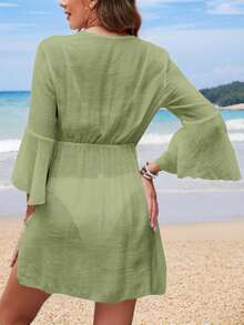 Swim Lushoire 女款夏季鼠尾草綠波西米亞風海灘度假洋裝，收腰喇叭袖拼接蕾絲優雅罩衫休閒度假 Yisikado 洋裝 - Limelight Green - 查看 2