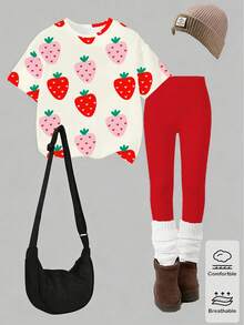 Spring & Summer Toddler Girls' Casual Fashion Creative Personality Fresh Minimalist Cute Strawberry Heart Graphic Print T-Shirt And Leggings 2pcs Outfit, Comfortable Daily Wear - Multicolor - View 6