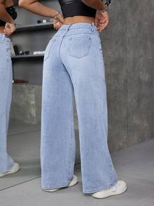 SHEIN ICON Quần jeans cạp thấp dáng chữ V, kiểu dáng thường ngày, đã qua xử lý giặt. - Rửa nhẹ - Xem 2