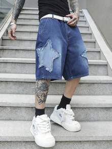 Manfinity EMRG Quần short denim vá với họa tiết ngôi sao ngược - Màu xanh lam - Xem 4