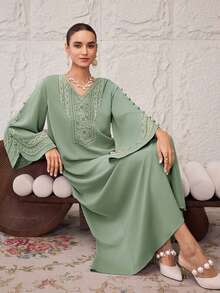Al Najma Women's V-Neck Floral Embroidery Pattern Casual Loose Dress, Suitable For Party And Outing - Green - View 5
