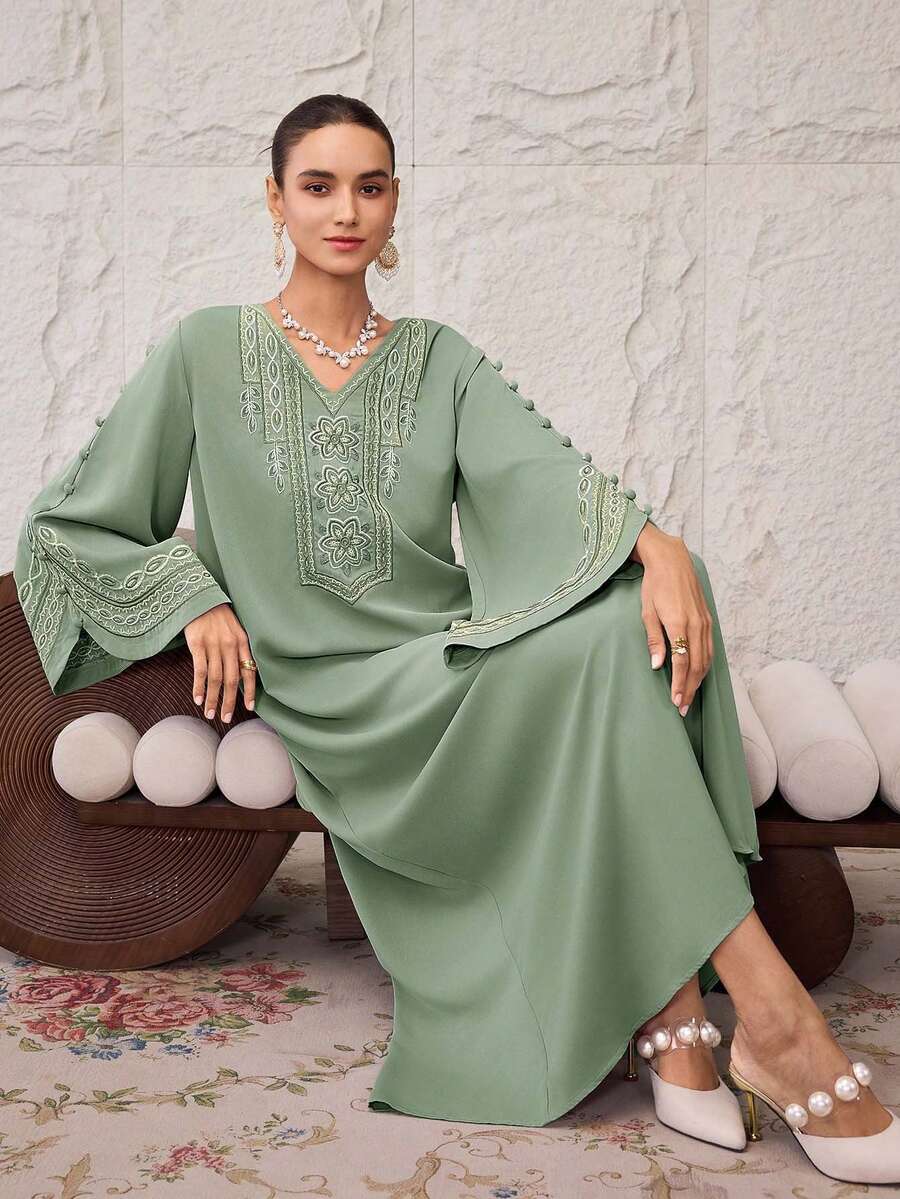 Al Najma Women's V-Neck Floral Embroidery Pattern Casual Loose Dress, Suitable For Party And Outing - Green - View 1