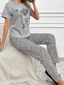 Loomlin 100%Cotton 2pcs/Set Women Cotton Animal Print Detail Homewear Pajama Set - Light Grey - View 4
