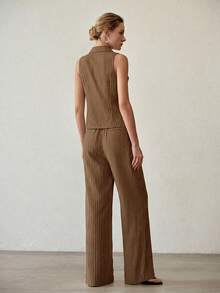 MOTF PREMIUM STRIPED PRINT PEPLUM TANK TOP & SLANT POCKET PANTS SET - Coffee Brown - View 3