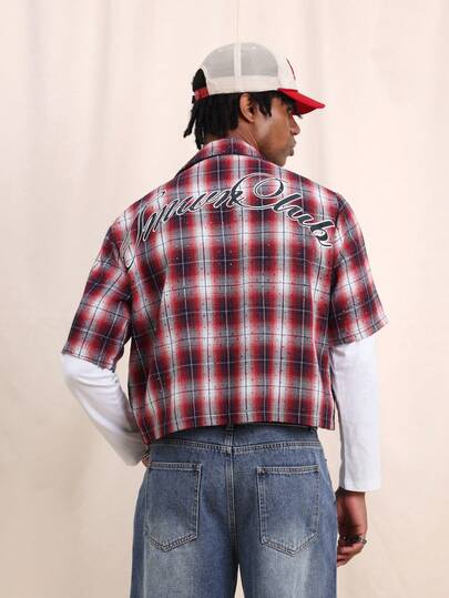 SUMWON Men's Crop Fit Plaid Shirt With Back Graphics Short Sleeve Button Down Collared Checked Flannel Distressed Red White Black Pattern Casual Summer