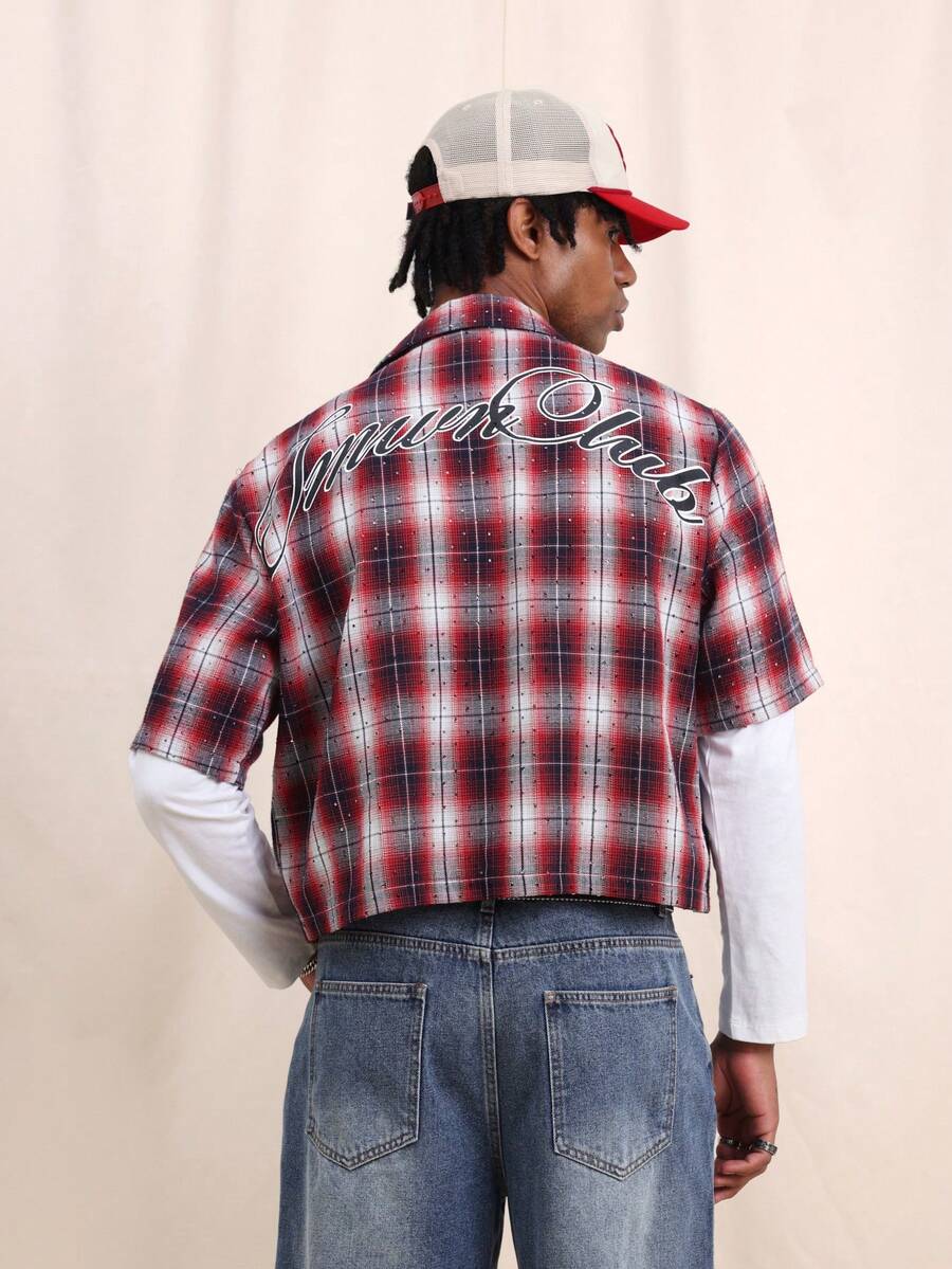 SUMWON Men's Crop Fit Plaid Shirt With Back Graphics Short Sleeve Button Down Collared Checked Flannel Distressed Red White Black Pattern Casual Summer - Black - View 1