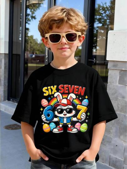 Toddler Boys' Casual Creative Graphic Tee, Cute Rabbit Sunglasses, Number 67, Rainbow, Egg, Star, Letter Print, Comfortable Basic Short Sleeve T-Shirt, Suitable For Spring, Summer, Autumn