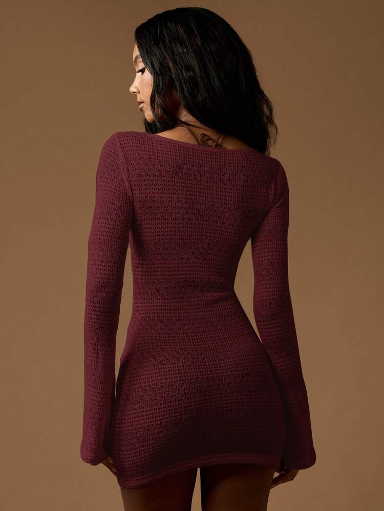 MISSGUIDED Long Sleeve Knit Mini Dress With Keyhole Cutout Deep V Neckline Bodycon Silhouette Fall Winter Evening Party Wear