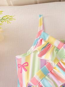 SHEIN Playful Pals 2件套女婴外出服，春夏休闲可爱风，蝴蝶结印花无袖吊带上衣和蝴蝶结装饰短牛仔裤 - 粉色 - 查看 5