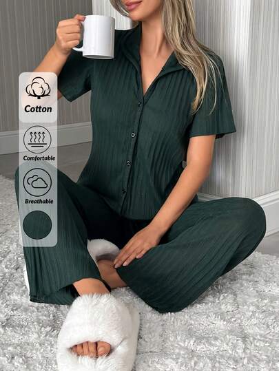 EURMUSE 100%Cotton Shirt Style Buttoned Striped SHORT SLEEVED&LONG PANTS 2 Pieces Pajama Set Green Pajama Set Women Lounge Wear Sets Button Up Pajamas Women Lounge Clothes Green Green Pj Set