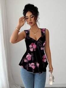 Elenzga Áo hai dây thắt eo in họa tiết hoa hồng lãng mạn - màu đen - Xem 5