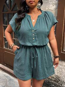 EMERY ROSE Plus Size Casual Everyday Comfortable Cotton Jumpsuit With Raglan Sleeves And Waist Cinching - Blue - View 6