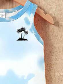 2pcs/Set Baby Boy Casual Tropical Holiday Coconut Tree Print Vest Top And Leaf Print Shorts Set Suitable For Outdoor Summer Vacation Baby Blue - Multicolor - View 5