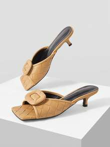 Mnmlis Sandalias de tacón alto con punta cuadrada para mujer, tacón delgado con corte en V, moda de celebridad de internet, sandalias de punta abierta para verano - Caqui - Ver 6