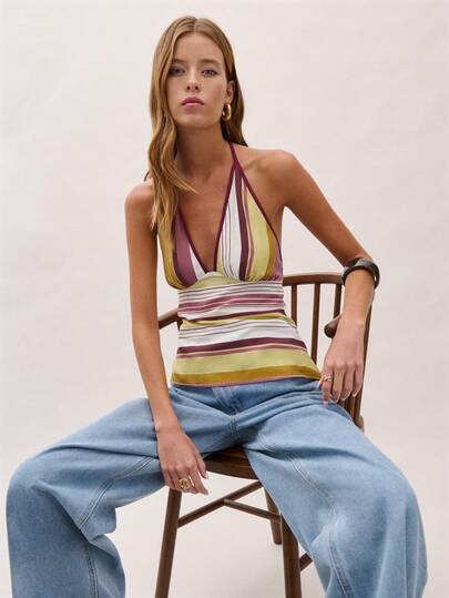 Nöista 条纹露背上衣，V领设计，领口饰有撞色滚边，后背系带蝴蝶结可调节尺寸。完美适用于夜晚外出、音乐节、夏日派对、约会之夜、度假夜晚、日常穿着、春季、音乐节、海滩休闲等场合。