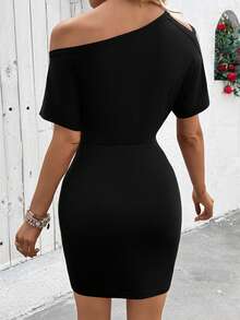 EMERY ROSE Women's Solid Color Asymmetric Neck Cutout Ruched Fitted Mini Dress - Black - View 2