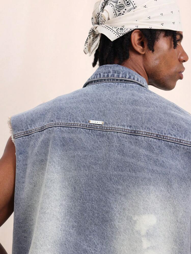 SUMWON 남성용 박시 핏 민소매 빈티지 워싱 데님 재킷, 앞주머니 및 버튼 클로저