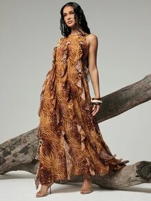 Hauture Women's Sexy Abstract Animal Print Layered Ruffle Hem Halter Neck Maxi Dress - Brown - View 3