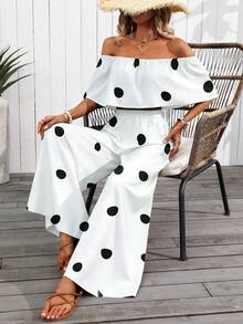 EMERY ROSE Polka Dot Print Off-Shoulder Top And Pants Two Pieces Set (Floral Pattern Asymmetrical Cut) - Black and White - View 4