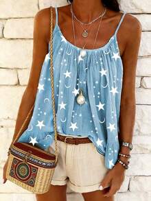 Selamara Women's All-Over Print Casual Vacation Camisole - Blue and White - View 3