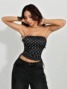 SHEIN PETITE 女士休闲简约Y2K黑白波点印花褶皱系带露脐上衣，哥特风，适合外出穿着，裹身式上衣 - 黑色 - 查看 4