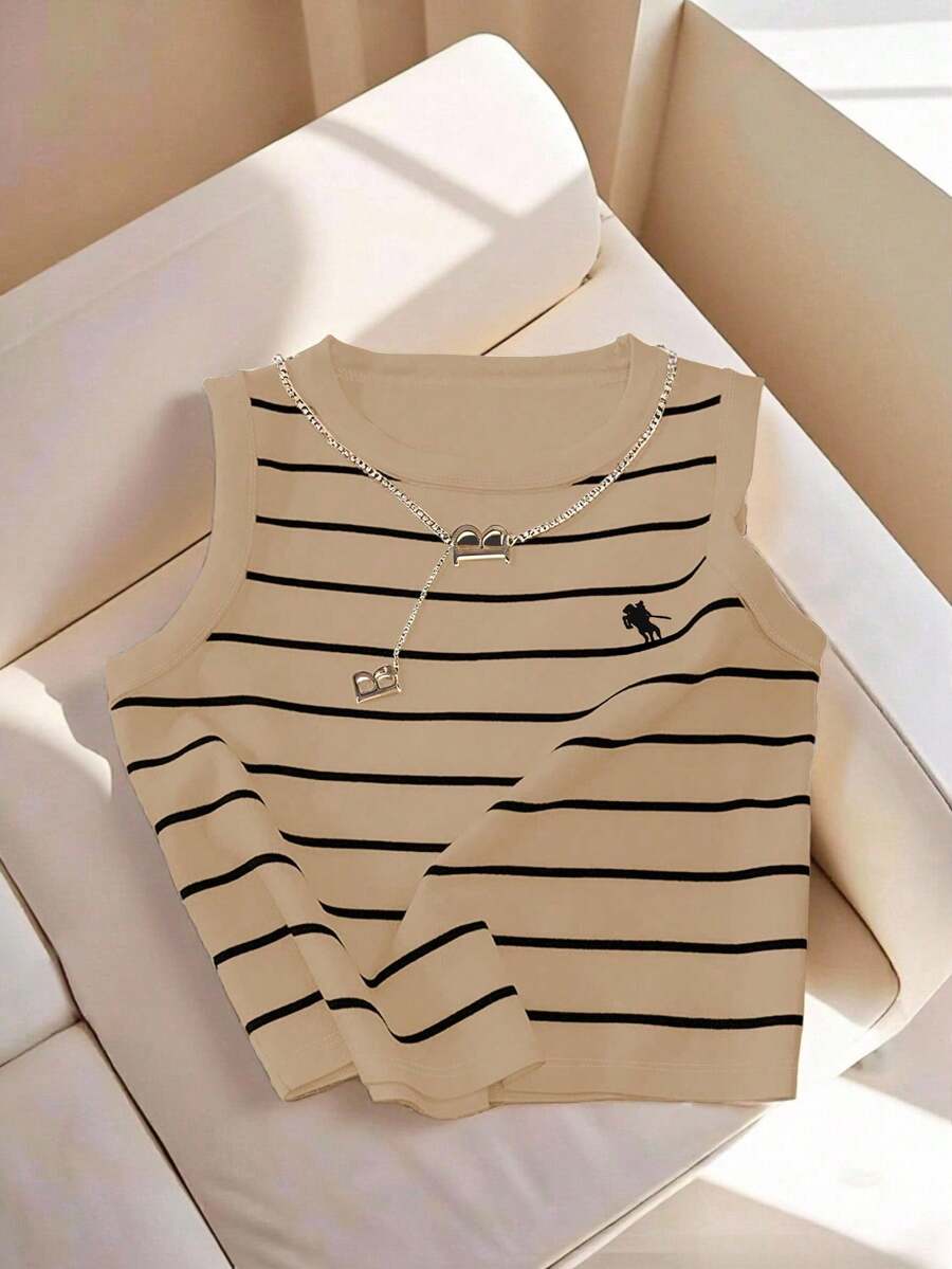 GlowEve Women's Casual Striped Print Round Neck Tank Top - Khaki - View 1