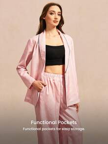 LUVLETTE 优雅日常休闲粉色缎面睡衣套装 - 裹身式上衣和黑色滚边阔腿裤，时尚家居服睡衣婚礼单品 - 粉色 - 查看 11