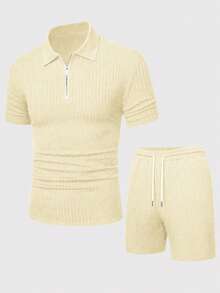 Genlund 男士休闲纯色短袖 Polo 衫和短裤两件套 - 米色 - 查看 4