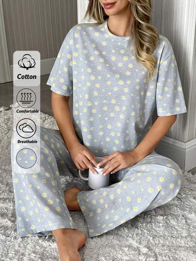 EURMUSE Women Cotton 2 Pcs Contrast Colour Daisy Patterned Short Sleeved Shirt&Long Pants Homewear Lounge Set Pajama Sets For Women Round Neck Sleep Wear Women 2 Piece Set Comfy Pajamas Set Pajamas Set For Woman Cute Sleep Set Round Neck Pajama Set