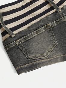 ROMWE Grunge Punk Y2K Crop Ribbed Patchwork Ultra Low Waist Women Denim Shorts - Army Green - View 4