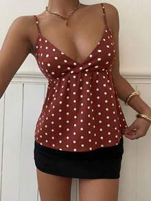 Muchica Women's Casual Vacation Polka Dot V-Neck Camisole, Spring/Summer,Summer Top - Brown - View 5