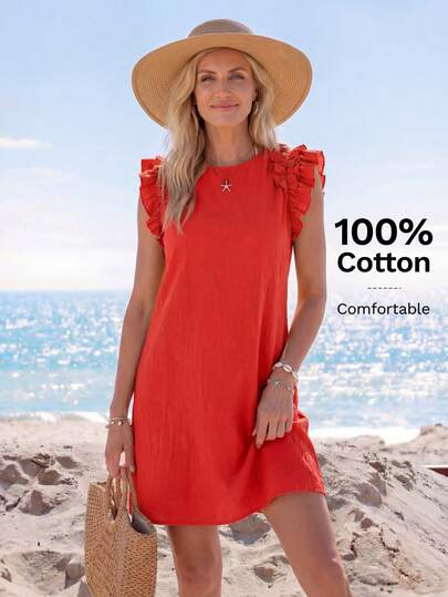 Sylviya Holiday Woven Solid Color Ruffle Trim Decorated Mini Dress For Women