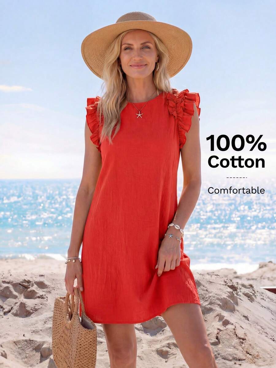 Sylviya Vestido mini festivo con diseño tejido de unicolor y ribete de volantes decorados para mujeres