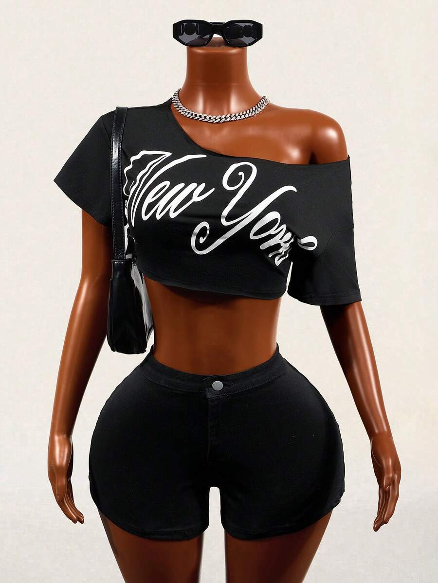 Mistrie Sexy Asymmetric Shoulder Loose Cropped Top For Women - Black - View 1