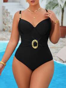 Swim Vcay Plus Size Women's Solid Color One-Piece Swimsuit With Steel Frame, Casual,Beach Outfits For Woman,Underwire Bikini For Summer Beach Vacation - Black - View 5