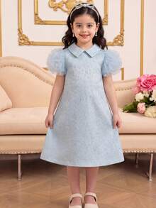 Elladie kids 1pc Girls Summer New Loose Fit Collared Dress, Flared Sleeves, Mesh Design, Straight Silhouette, Simple Yet Fashionable & Elegant Princess Style - Blue - View 3