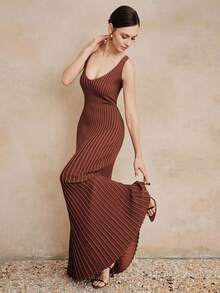 Anewsta Đầm len cổ cao kẻ sọc ôm dáng thanh lịch mới cho nữ, kiểu dáng mùa xuân sớm. - màu nâu - Xem 2