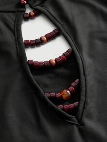 ROMWE Goth 暗黑学院风中国风宇宙花卉印花串珠修身迷你连衣裙 - 黑色 - 查看 3