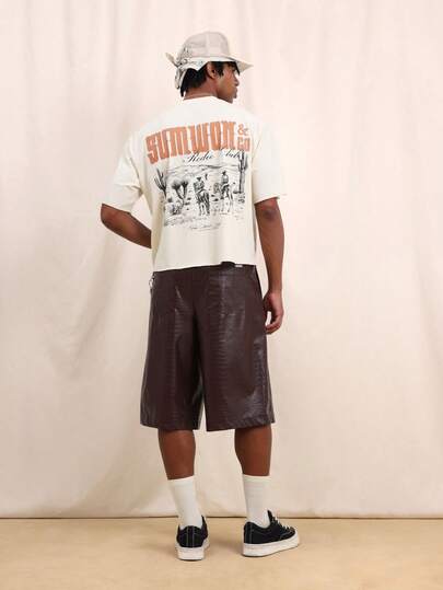  男士米色短款T恤，印有“SUMWON & Co Rodeo Club”西部图案，短袖夏季休闲T恤