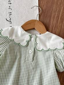 SHEIN Vintaside Kids 2026 SS Summer Baby Girl Cute Casual Pastoral Floral Embroidered Plaid Dress, Soft & Comfortable Fabric, Travel Essential - Green - View 5