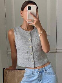 DAZY Solid Color Crew Neck Sleeveless Fitted Jacket For Women, Spring & Summer - Grey - View 3